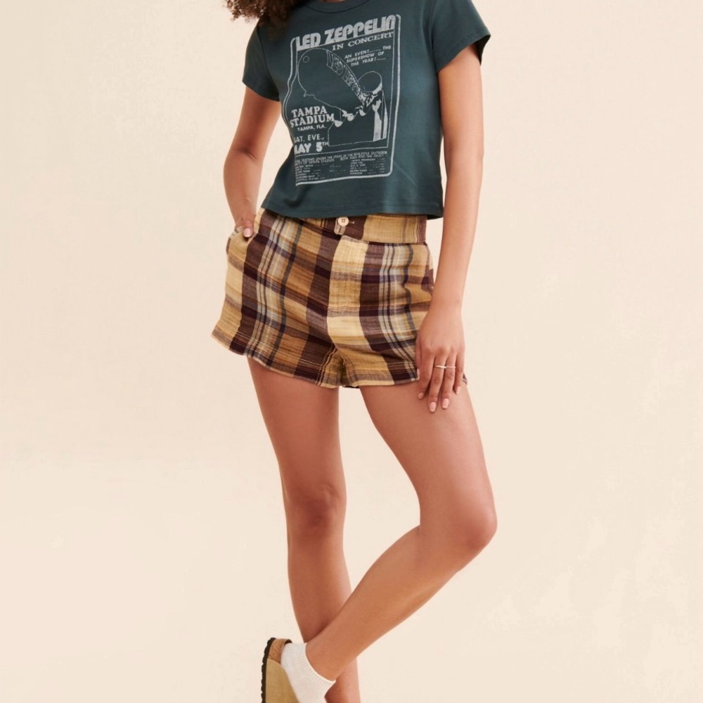Free People ISLA Plaid Brown and Tan Shorts Size 12, fits more like a Size 10 - Picture 4 of 4